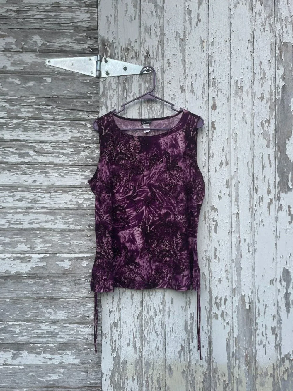 Catty Purple Paisley Gold Texture Accent Side Tie Tank Size 3X ~ XL Fit - Picture 4 of 5